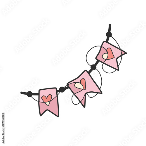 Love Garland with Heart Flags Line Art Illustration