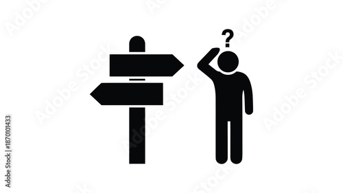 A stick figure contemplates a directional signpost expressing confusion and uncertainty