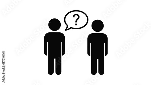 Two simple black silhouettes of people engaged in conversation with a question mark