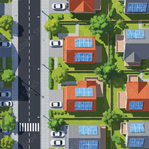 Bird's eye view of a suburban neighborhood with solar panels on rooftops, showcasing eco-friendly living and modern housing.