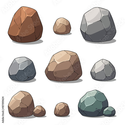 Collection of Diverse Cartoon Rocks and Stones for Game Design and Illustration.