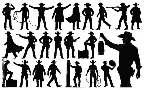 Male Cowboy Silhouettes Collection in Dynamic Action Poses with Western Gear on Transparent Background