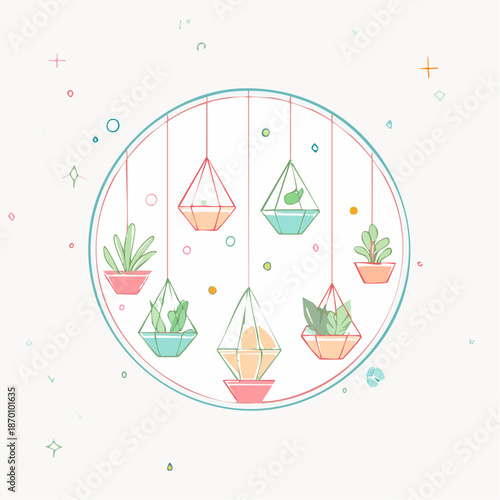 Collection Of Hanging Geometric Terrariums With Various Succulents And Greenery In Pastel Colors Against A Light Background With Subtle Decorative Elements