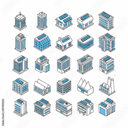Collection of diverse isometric buildings with solar panels, representing sustainable urban development and renewable energy solutions.