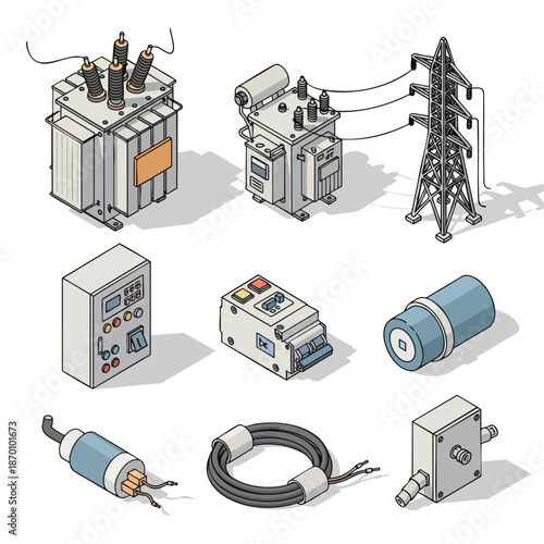 Collection of electrical equipment icons: transformers, power tower, circuit breaker, connector, and wire for industrial and technology concepts.