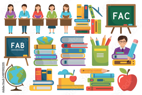 A colorful illustration of various school supplies and students in a classroom setting with books and educational tools.