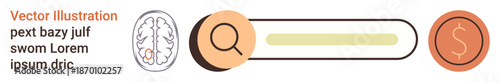 Education, data research, financial search, content analysis, knowledge discovery, economic evaluation. Brain icon, search bar magnifying glass and dollar symbol. Education and data research