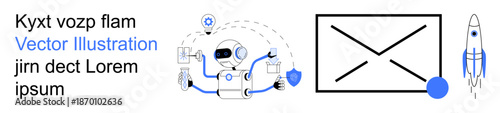 Artificial intelligence, robotics, messaging, innovation, digital communication, space exploration. Robot with tools, email frame rocket and icons. AI and robotics highlight innovation