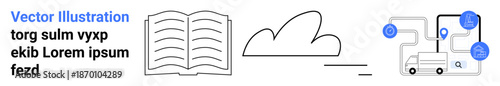 Education, cloud storage, digital transformation, data management, logistics, online systems. Open book, cloud symbol and connected network icons. Education and cloud storage concept