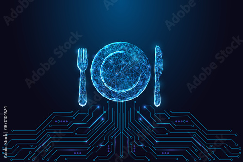 Food Technology Concept. Digital Plate and Cutlery with Smart Nutrition and AI Diet Vector Art