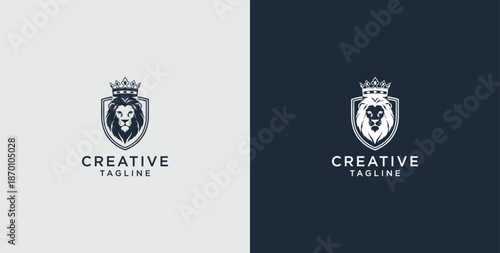 Lion head shield logo icon. Royal crown badge symbol. Premium royal animal sign. Vector illustration.