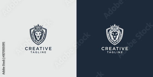 Lion head shield logo icon. Royal crown badge symbol. Premium royal animal sign. Vector illustration.