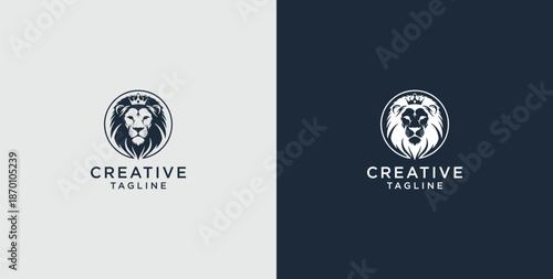 Lion head shield logo icon. Royal crown badge symbol. Premium royal animal sign. Vector illustration.