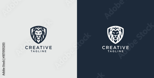 Lion head shield logo icon. Royal crown badge symbol. Premium royal animal sign. Vector illustration.