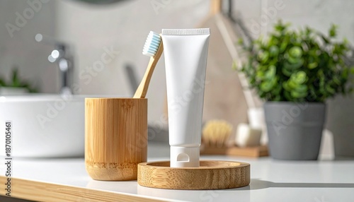 White blank toothpaste tube and bamboo toothbrush in a bathroom, highlighting natural hygiene products on a clean white vanity.