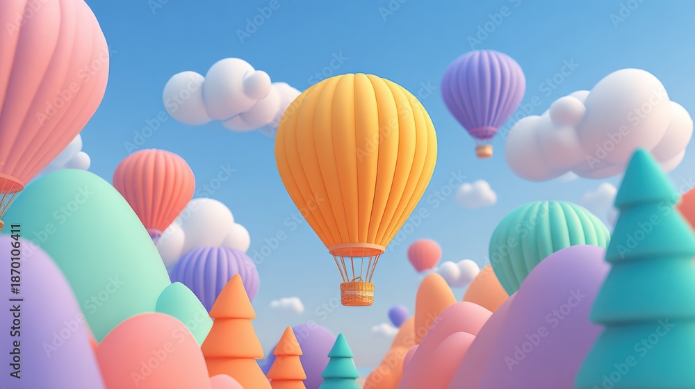 Naklejka premium Colorful Hot Air Balloons Float in the Clear Sky Above Pastel Mountains During a Spring Festival Celebration