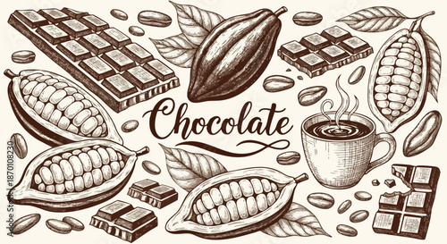 Artistic Hand-Drawn Chocolate Collection: Cacao Pods, Bars, Beans, and Hot Drink.