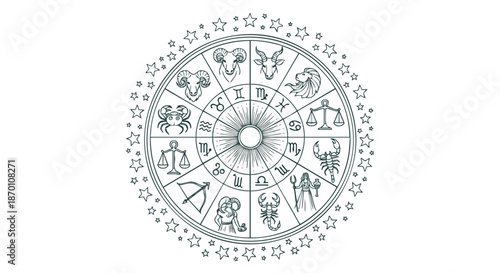 Astrology Wheel with Zodiac Signs and Constellations for Horoscope and Fortune Telling.