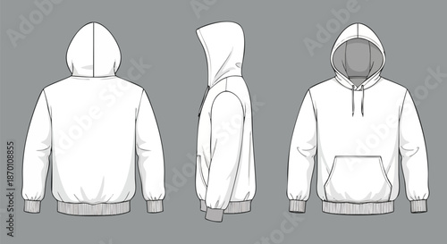 Blank White Hoodie Apparel Mockup - Front, Side, and Back Views for Fashion Design & Branding.