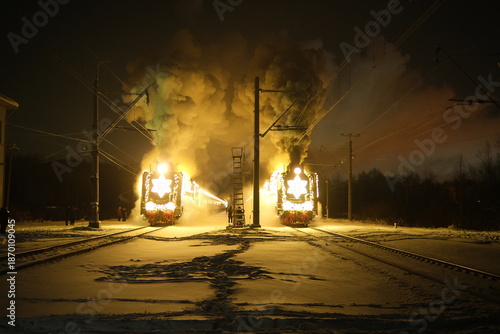 Two Christmas steam locomotives at movement