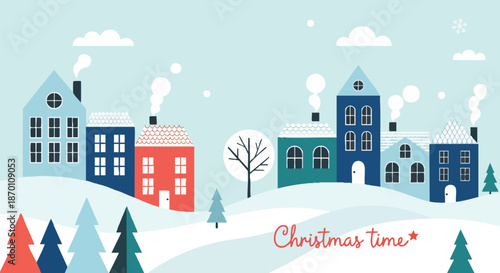 Charming Winter Village Scene with Cozy Houses and Christmas Trees, Festive Holiday Illustration.