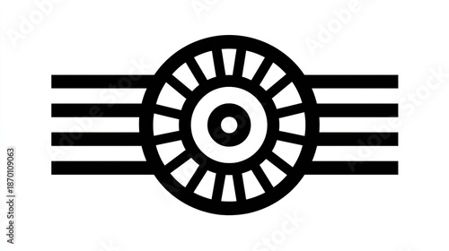Stylized circular emblem featuring radial spokes intersected by horizontal bars