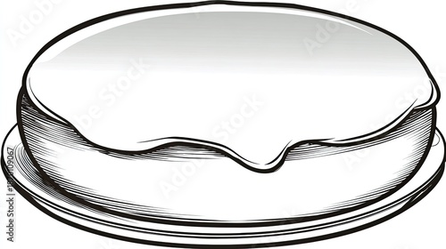 Round dessert creation covered in smooth, flowing white icing resting upon a serving dish