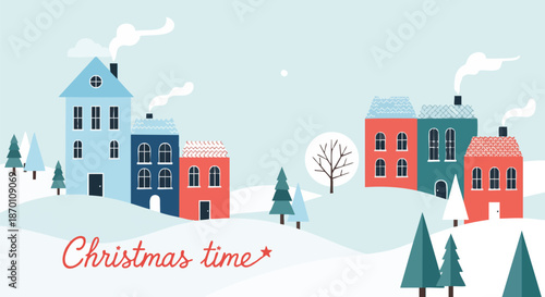 Charming Winter Village Scene with Cute Houses and Christmas Trees on Snowy Hills.