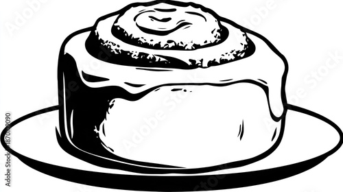 Simple black and white graphic depiction of a sweet pastry topped with icing on a dish