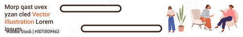 Communication, counseling, teamwork, lifestyle, interior design, modern concepts. Three individuals engaging in discussion near furniture and plant decor. Communication and teamwork concept