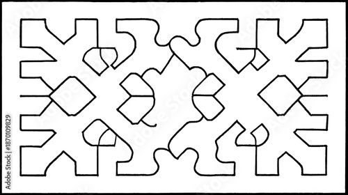 Abstract rectilinear and curvilinear interlocking pattern outlines form a repeating motif