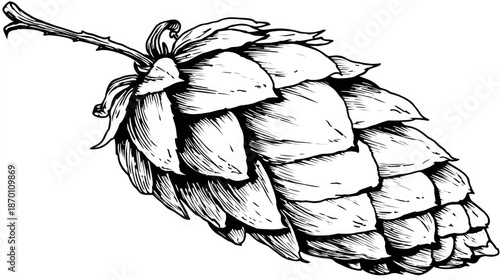 Detailed black and white illustration depicts a single lupulin cone attached to a small section of a vine stem