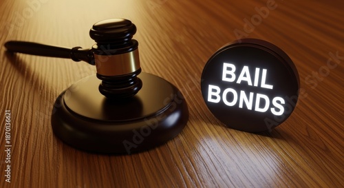 A gavel rests on a wooden desk next to a illuminated sign that reads BAIL BONDS.
