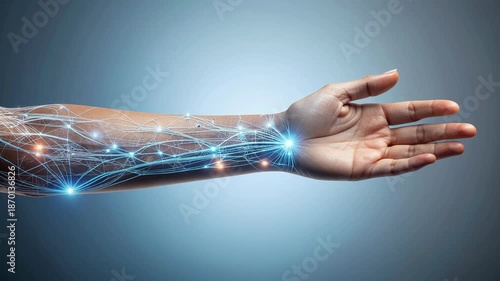 A technomorph arm with glowing energy lines gives you all the feels as it reaches out softly in a futuristic scene