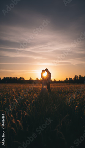 Silhouette love people couple romantic sunset woman man summer happy embrace field nature sky Romantic couple silhouette sunset