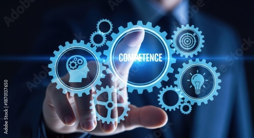 Businessman's hand interacts with a digital interface showing competence and innovation icons.