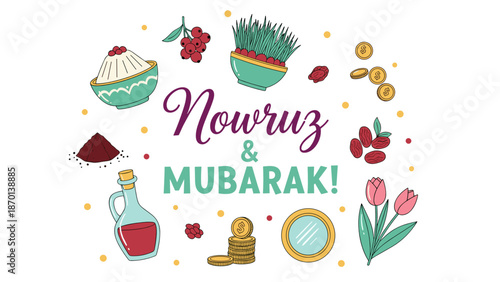 Cute Flat Vector Haft-Seen Elements for Nowruz – Pastel Samanu, Sumac, Tulips, Coins, Mirror and Confetti, Central Copy Space for Greeting