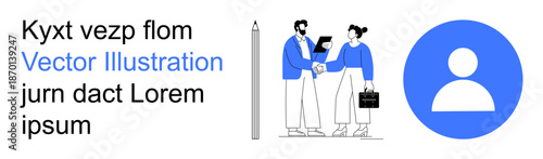 Business interaction, professional connection, identity , teamwork concepts, partnership, networking. Two people shaking hands, a pen and a user icon. Business interaction and identity concepts