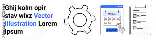 Business strategy, project planning, workflow management, subscription services, task tracking, efficiency tools. Gear, calendar with subscribe button checklist on a clipboard. Workflow management