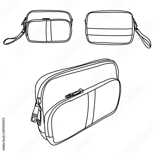 Outline Illustration of a Stylish Cosmetic Bag in Multiple Angles.