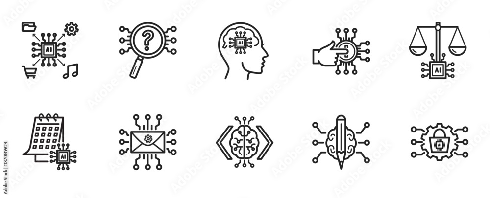Obraz premium Human and AI Interaction Icon Set - Minimalis Outline Style contain collaboration for education, management, finance, workflow, presentation, health, ideas, brainstorming, life support