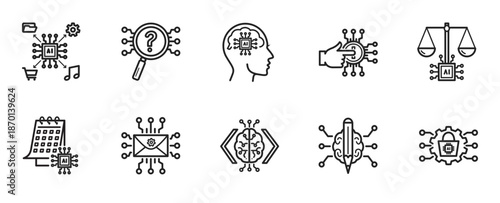 Human and AI Interaction Icon Set - Minimalis Outline Style contain collaboration for education, management, finance, workflow, presentation, health, ideas, brainstorming, life support