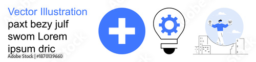 Healthcare, innovation, personal growth, problem-solving, creativity, work-life balance. A blue cross, gear lightbulb and a figure balancing in a modern infographic. Healthcare and innovation