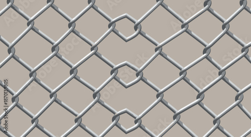 A detailed, close-up view of a silver chain-link fence pattern against a plain background.