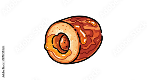 A delicious-looking illustration of a Swiss roll cake drizzled with golden caramel sauce.