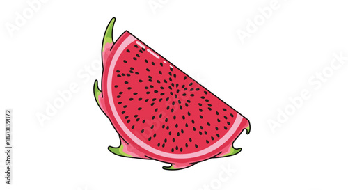 A vibrant slice of dragon fruit, showcasing its bright pink flesh speckled with tiny black seeds, against a white background.