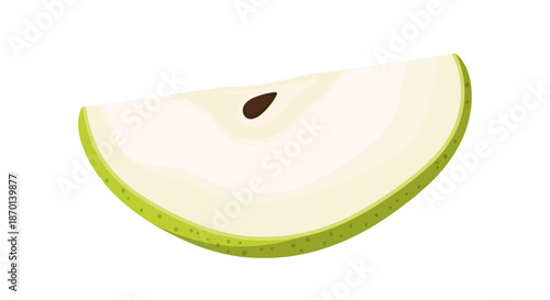 A single slice of a green apple showing the white flesh and a dark brown seed.