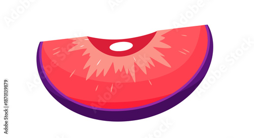 A vibrant, stylized illustration of a single slice of plum, showcasing its juicy red flesh and dark purple skin.