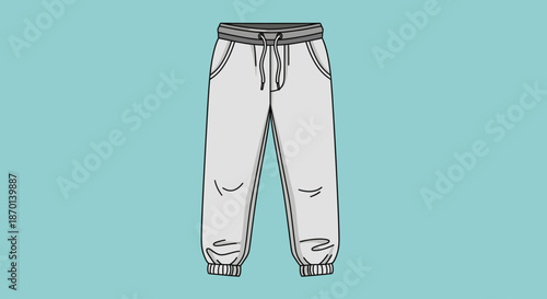 A detailed illustration of a pair of white sweatpants with a drawstring and elasticated cuffs against a teal background.