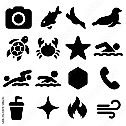 Iconic Pictogram Set: A versatile collection of icons, including a camera, fish, dolphin, seal, turtle, crab, star, swimmer, swimmer, swimmer, hexagon, phone, drink, star, fire, and wind.